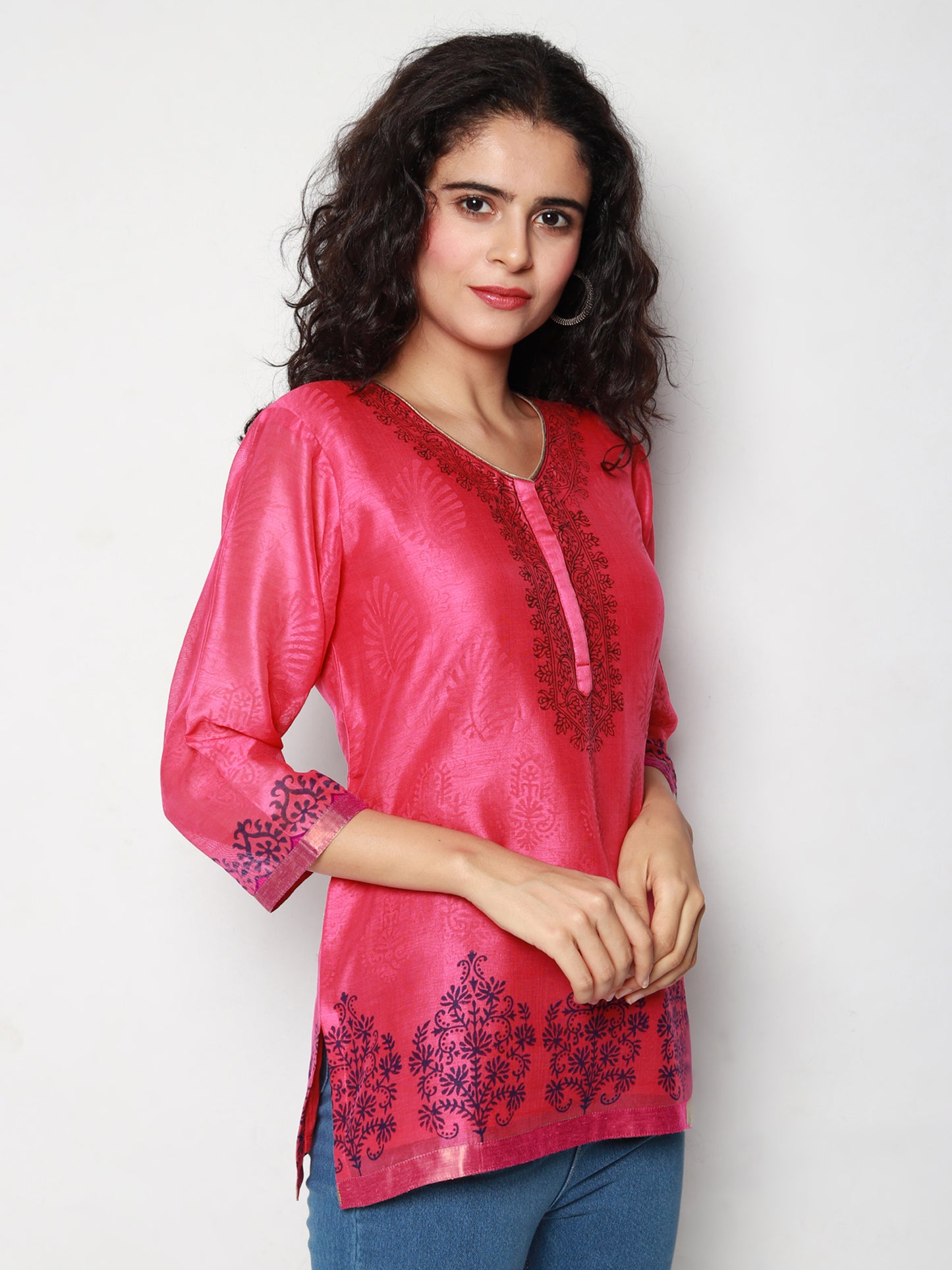 Pink Chanderi Block Print Kurti