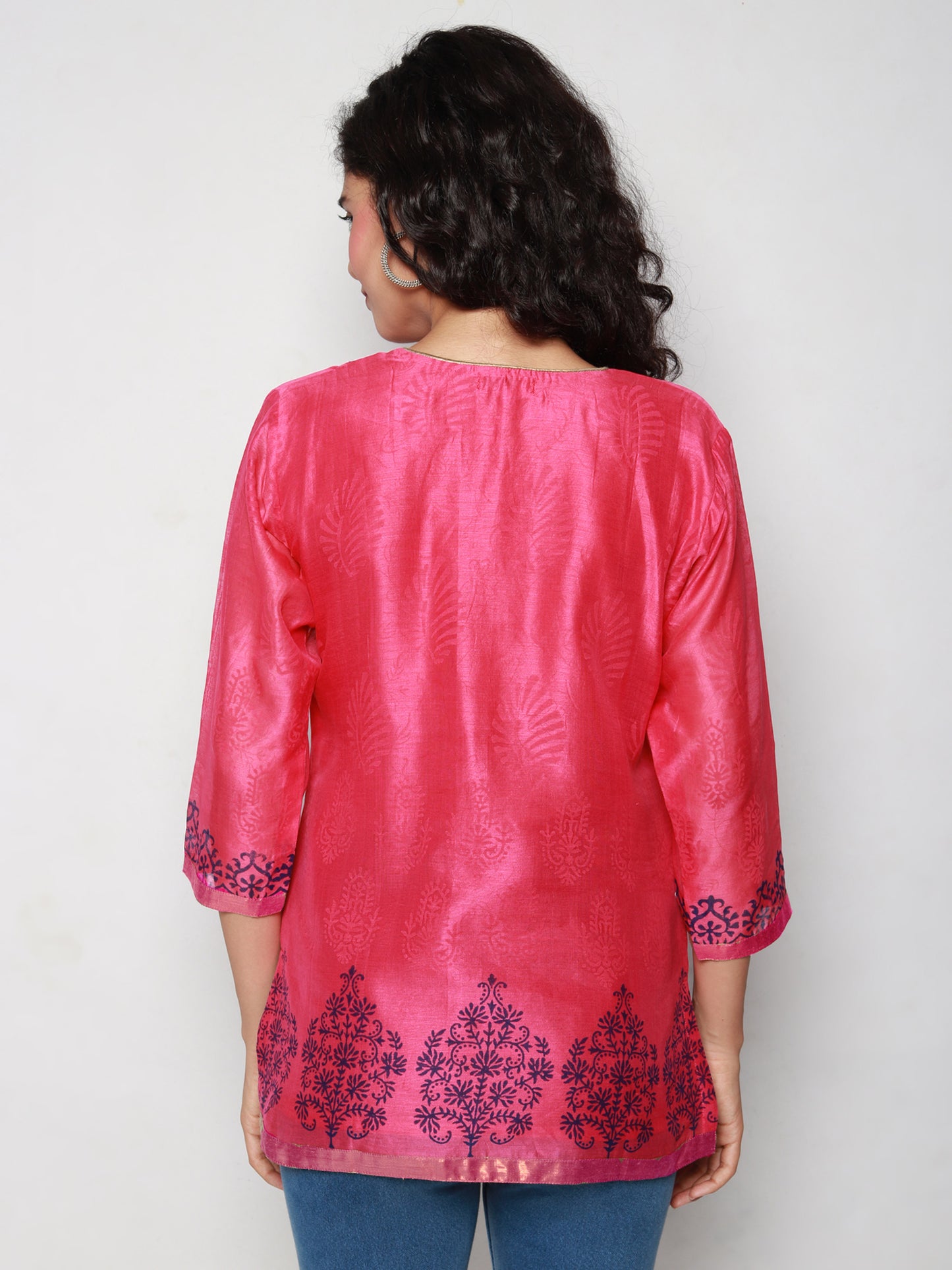 Pink Chanderi Block Print Kurti