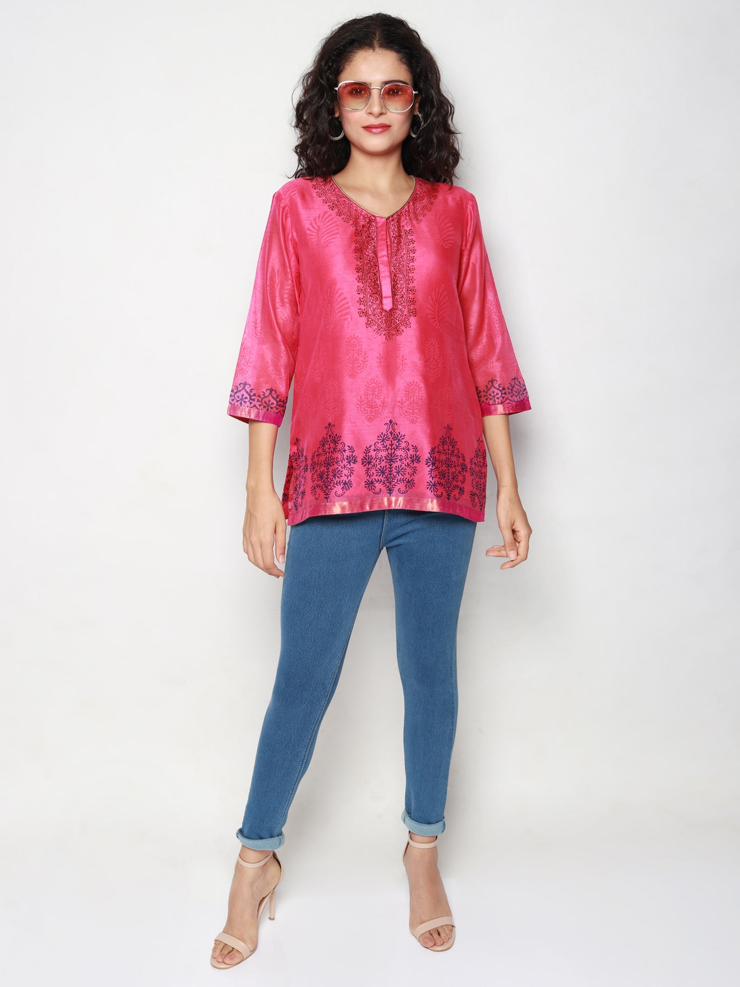 Pink Chanderi Block Print Kurti