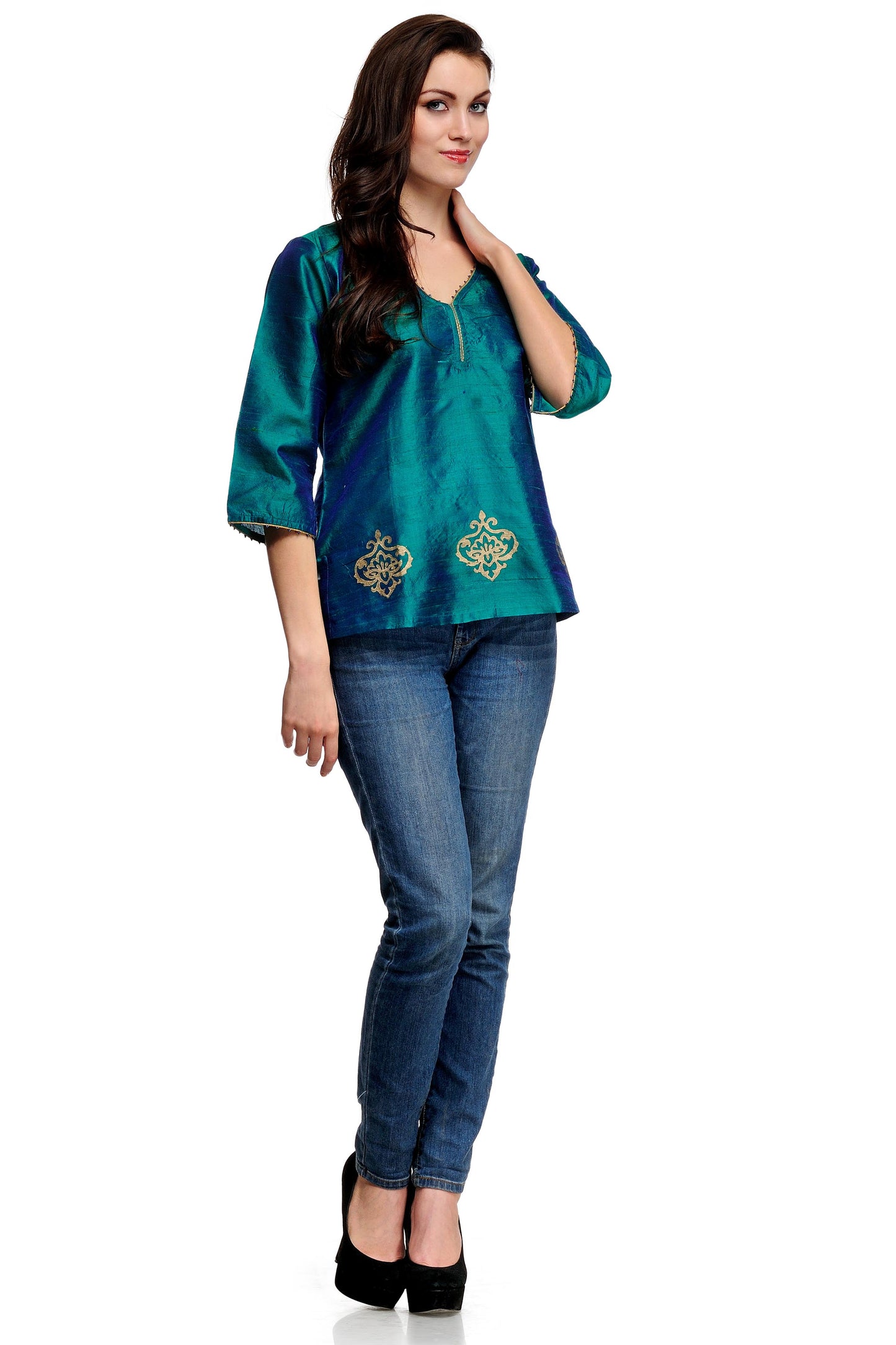 Teal blue Raw Silk Kurti