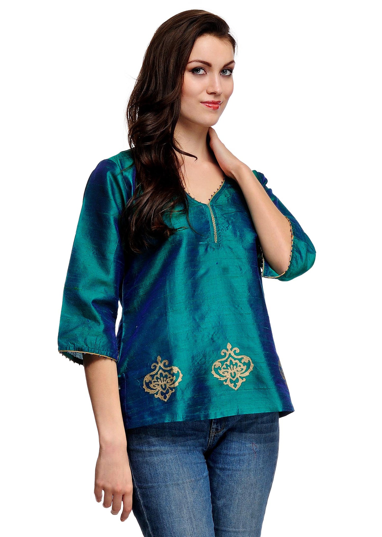Teal blue Raw Silk Kurti