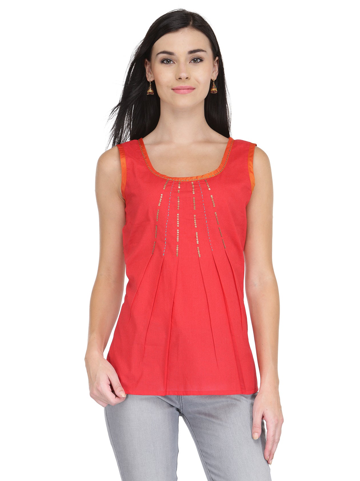 Tangerine Red Cotton Top with Sequins