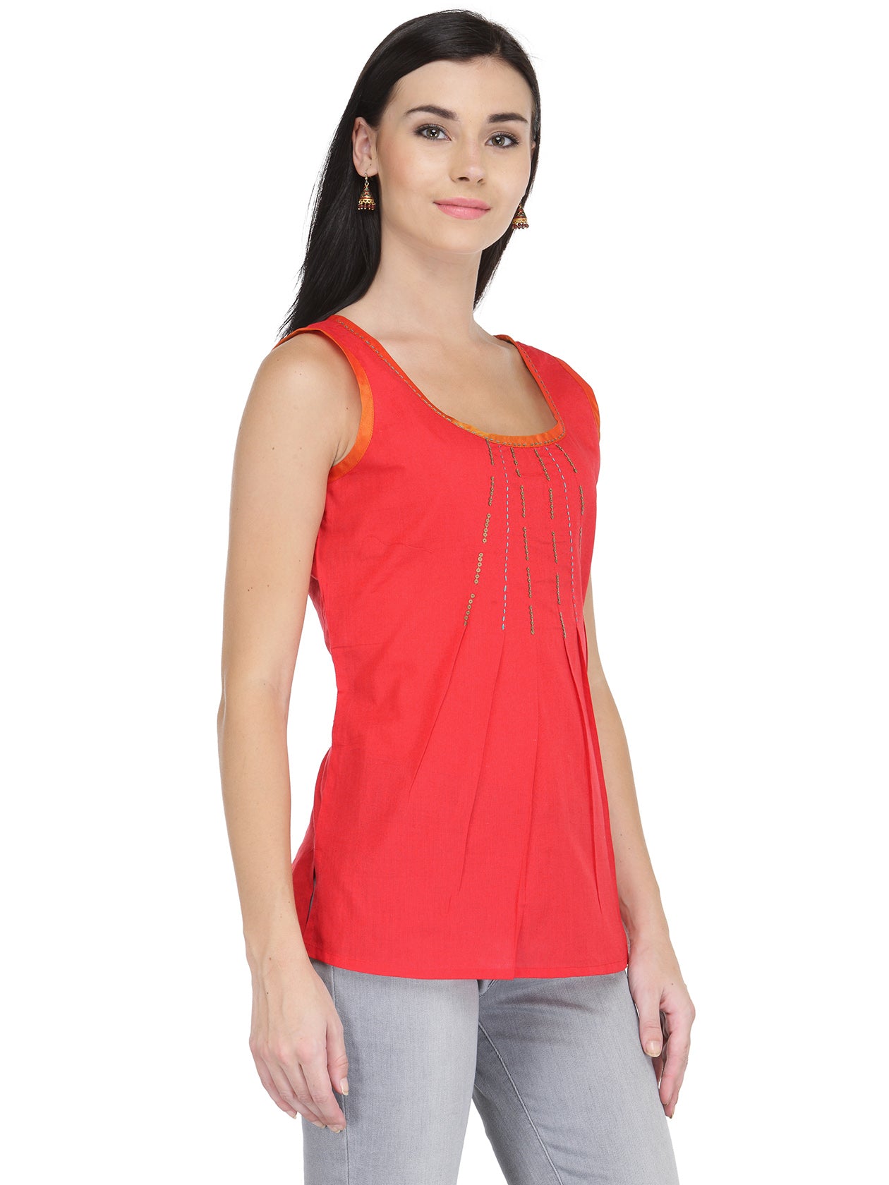Tangerine Red Cotton Top with Sequins