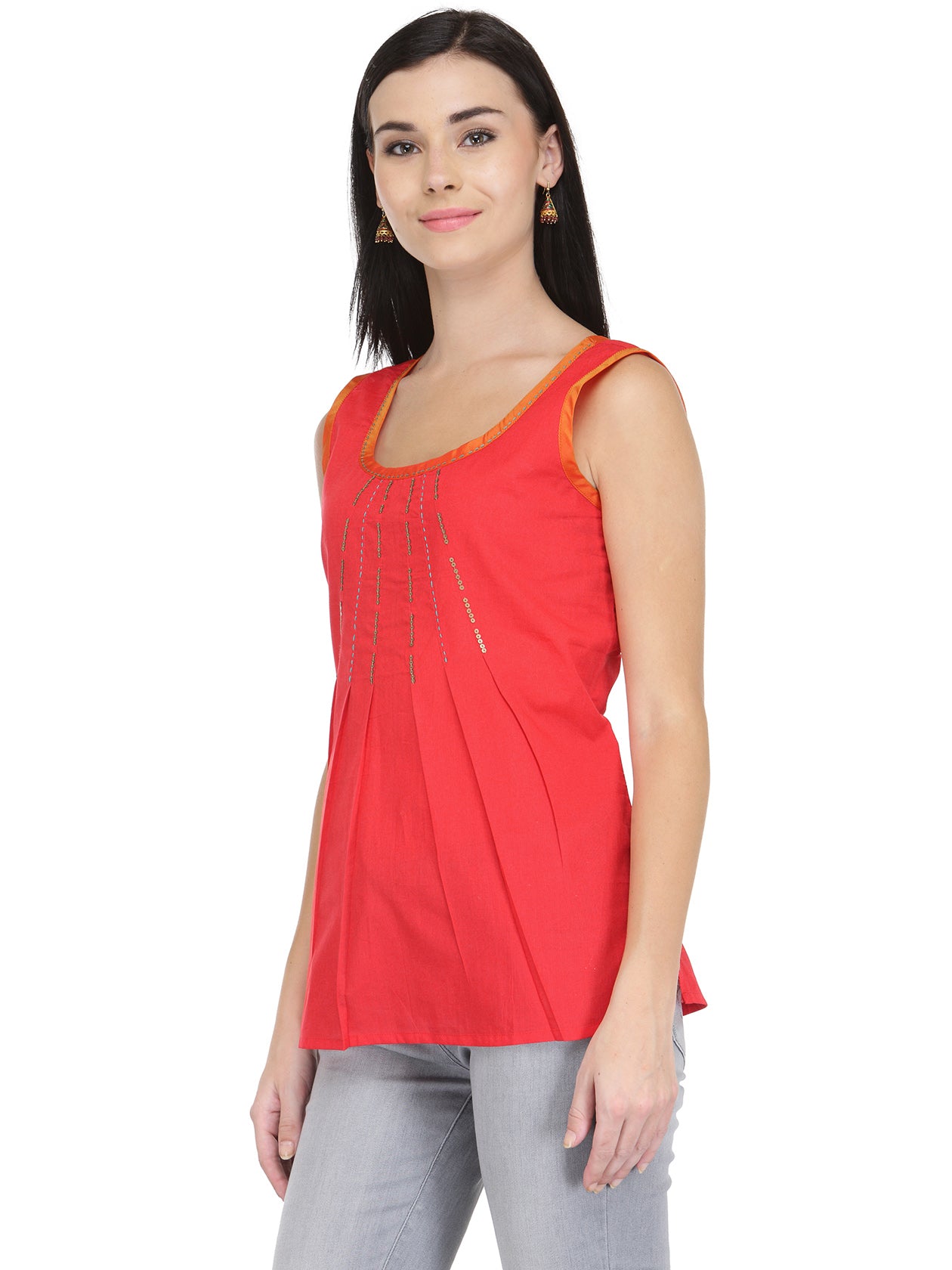 Tangerine Red Cotton Top with Sequins