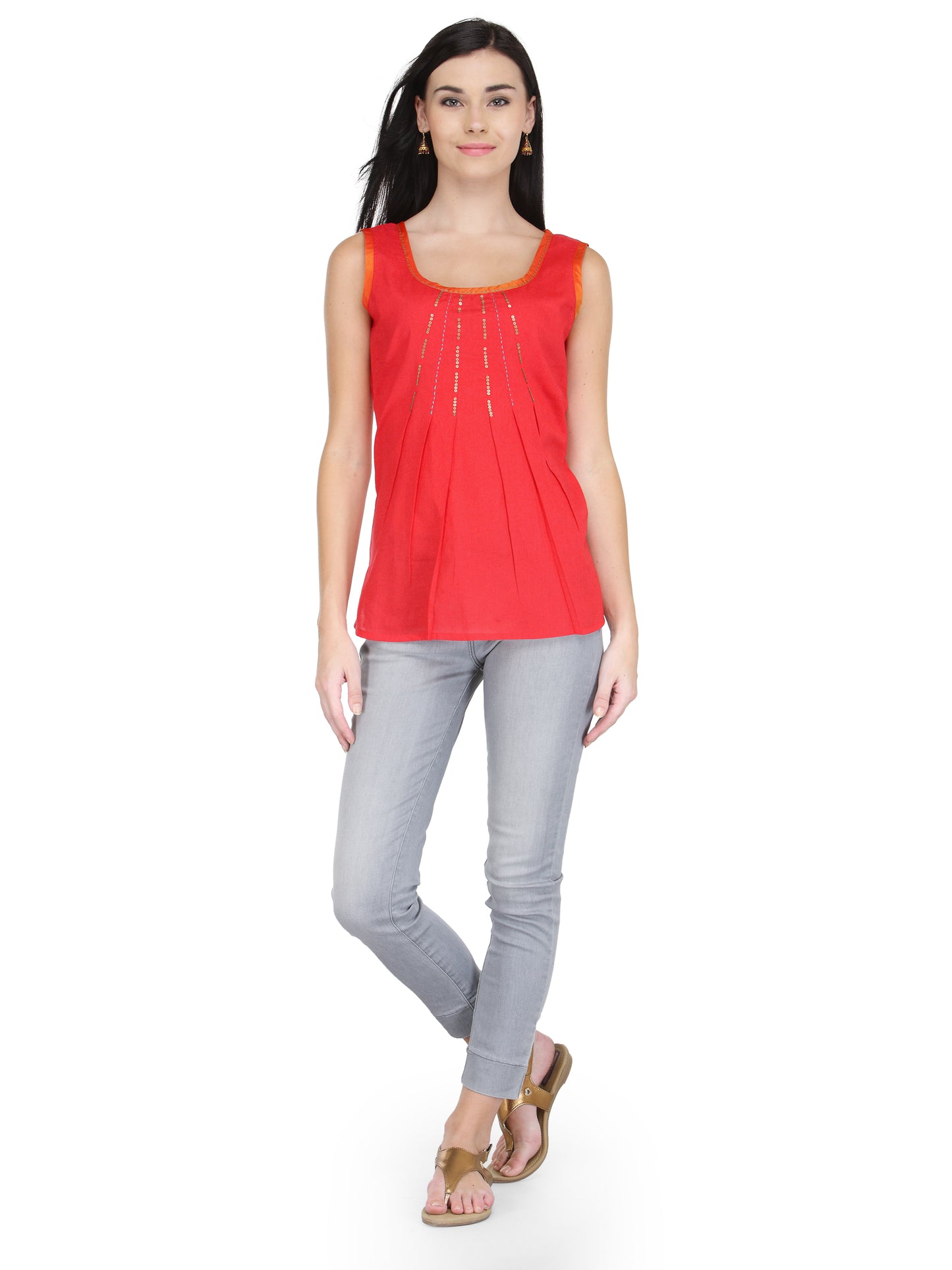 Tangerine Red Cotton Top with Sequins
