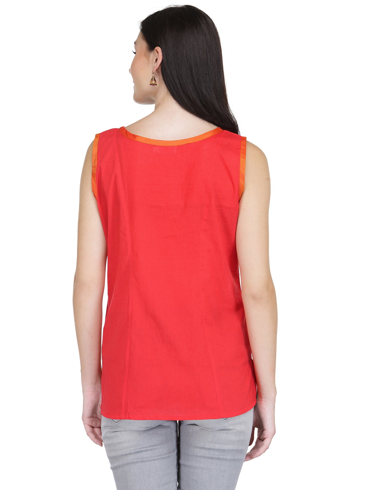 Tangerine Red Cotton Top with Sequins