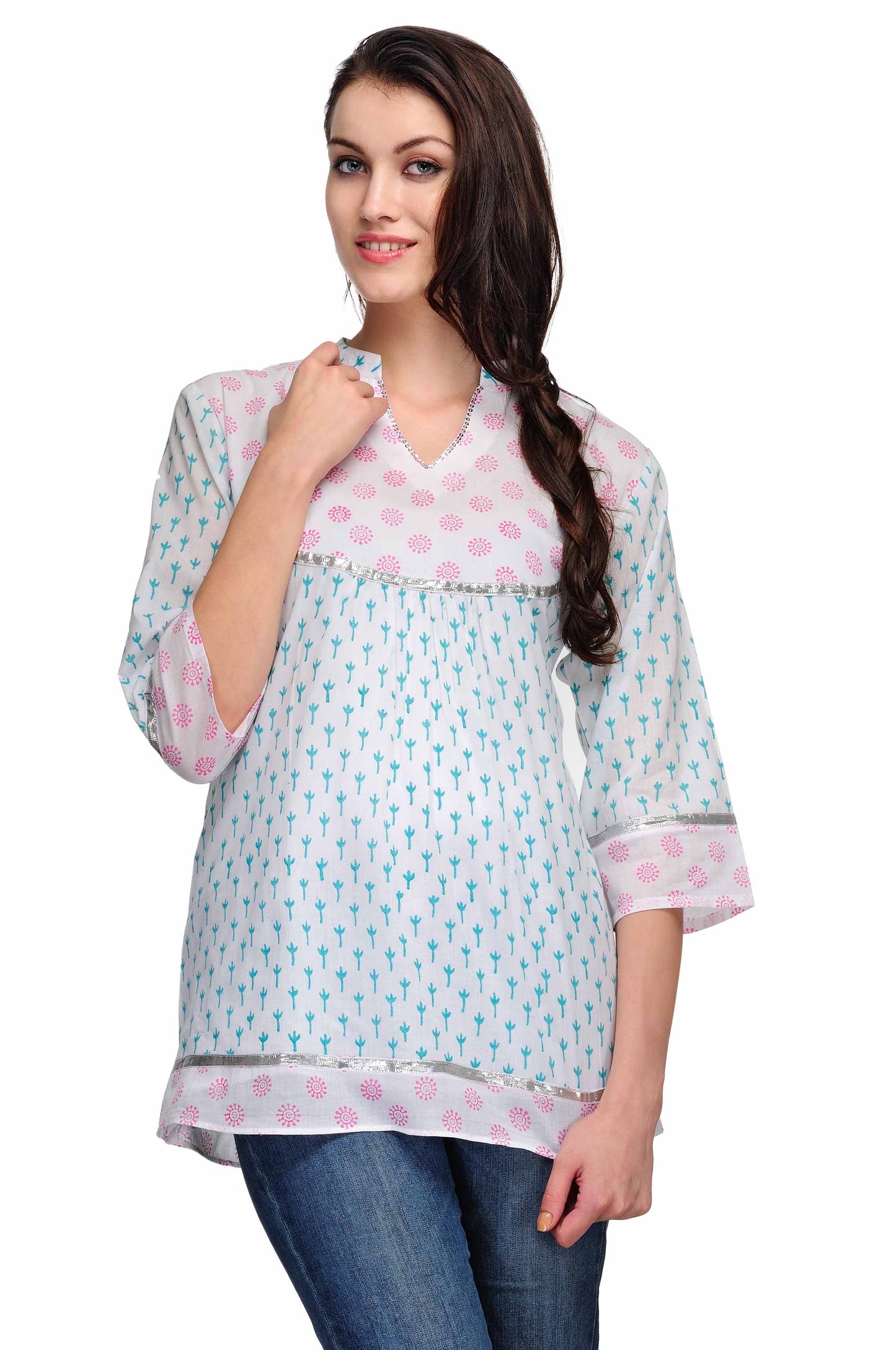White Floral Print Cotton Tunic