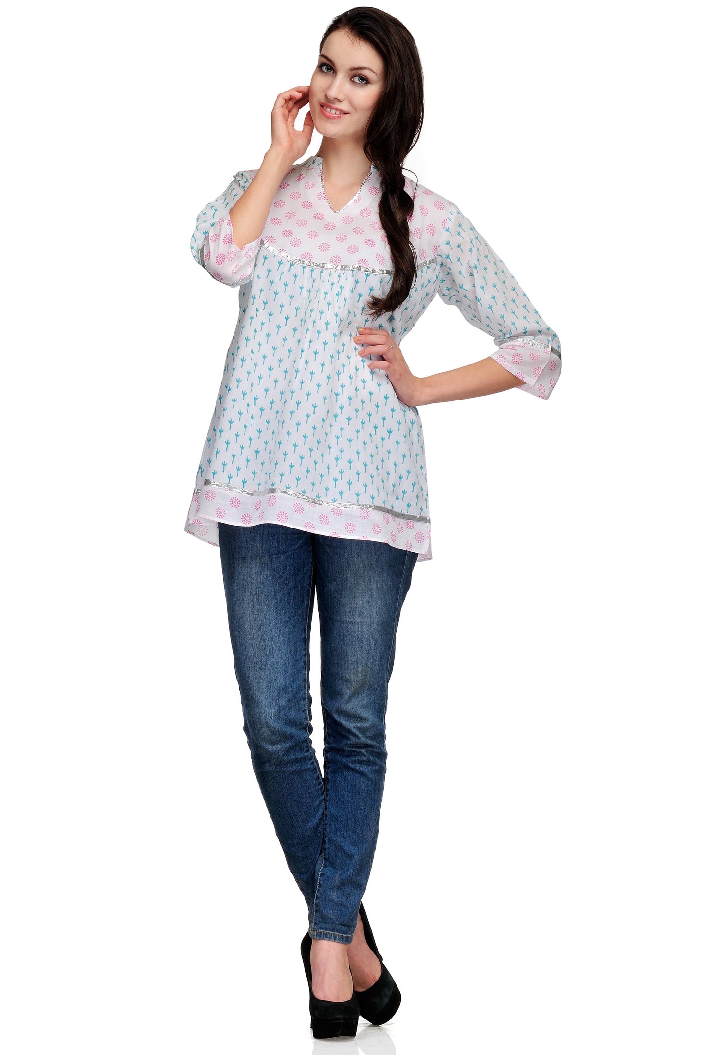 White Floral Print Cotton Tunic