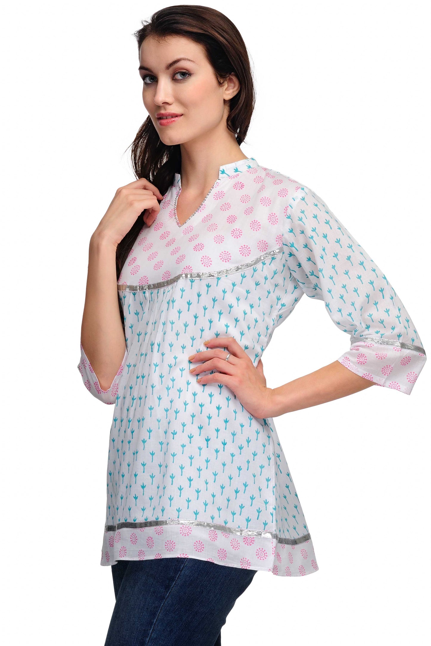 White Floral Print Cotton Tunic