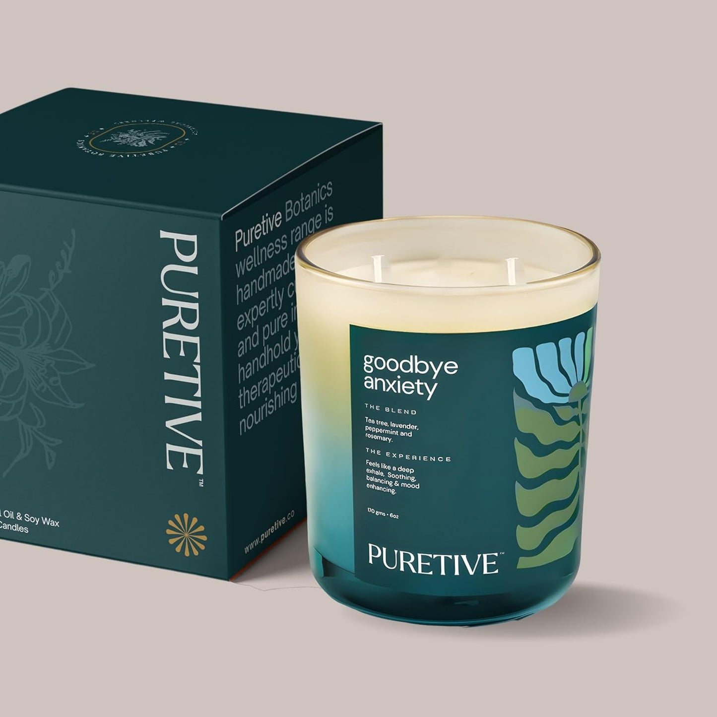 
                  
                    PURETIVE | Goodbye Anxiety Plant Therapy Scented Candle | Lavender, Tea Tree, Peppermint & Rosemary | 100% Soy Wax & Essesntial Oil | Luxury Gifting | 2 Wick Candle | Upto 35 hrs Burn time
                  
                