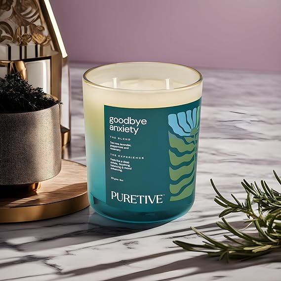 
                  
                    PURETIVE | Goodbye Anxiety Plant Therapy Scented Candle | Lavender, Tea Tree, Peppermint & Rosemary | 100% Soy Wax & Essesntial Oil | Luxury Gifting | 2 Wick Candle | Upto 35 hrs Burn time
                  
                