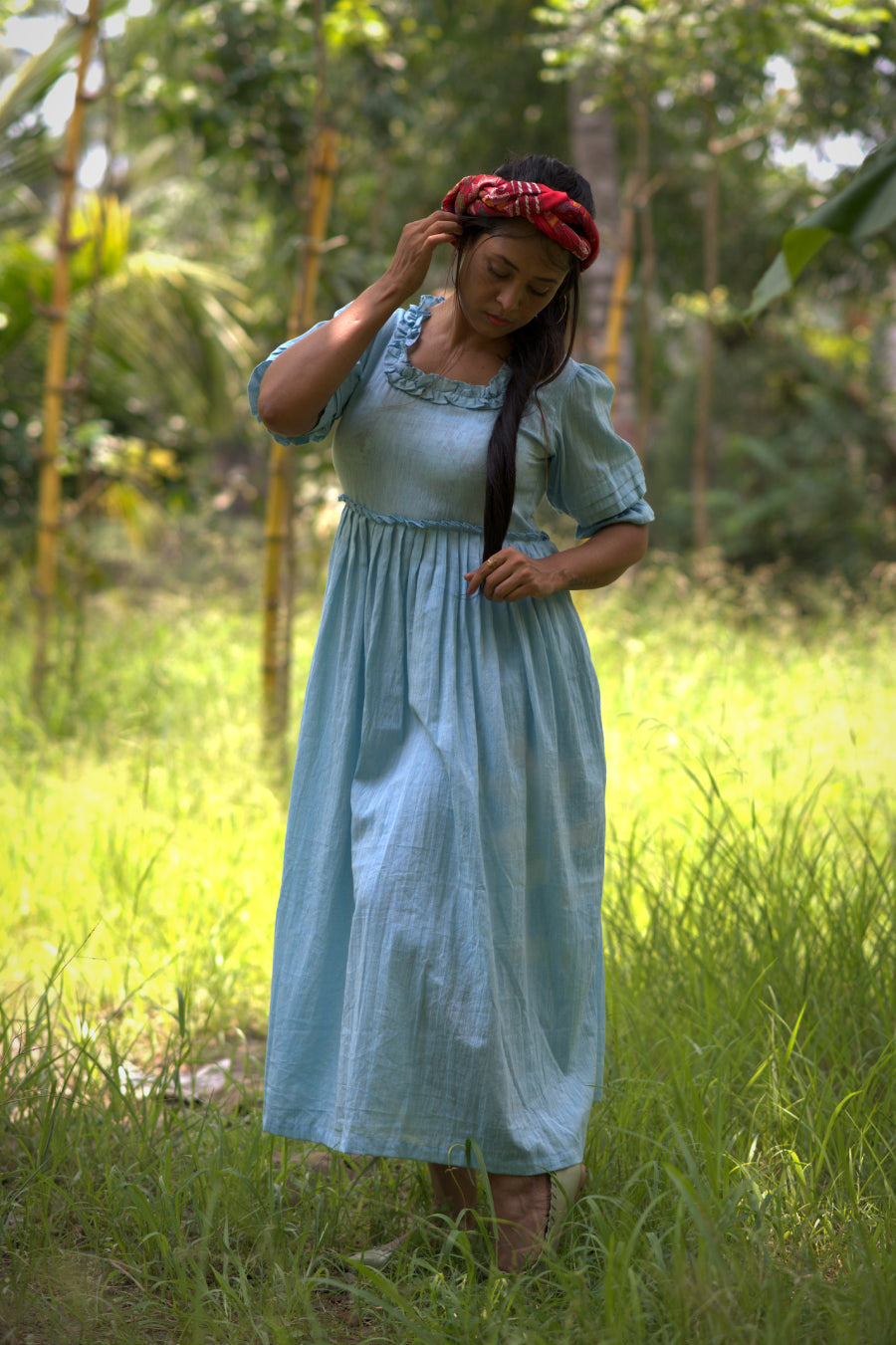 VICTORIAN MASQUERADE – Puff-Sleeve Pin tuck Casual Wear / Summer Dress / Party Wear Ruffle Sleeves and Collar Dress in Linen/Cotton