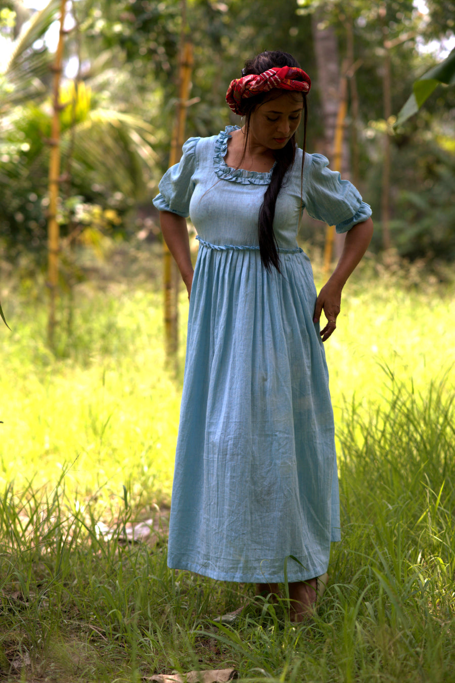 VICTORIAN MASQUERADE – Puff-Sleeve Pin tuck Casual Wear / Summer Dress / Party Wear Ruffle Sleeves and Collar Dress in Linen/Cotton