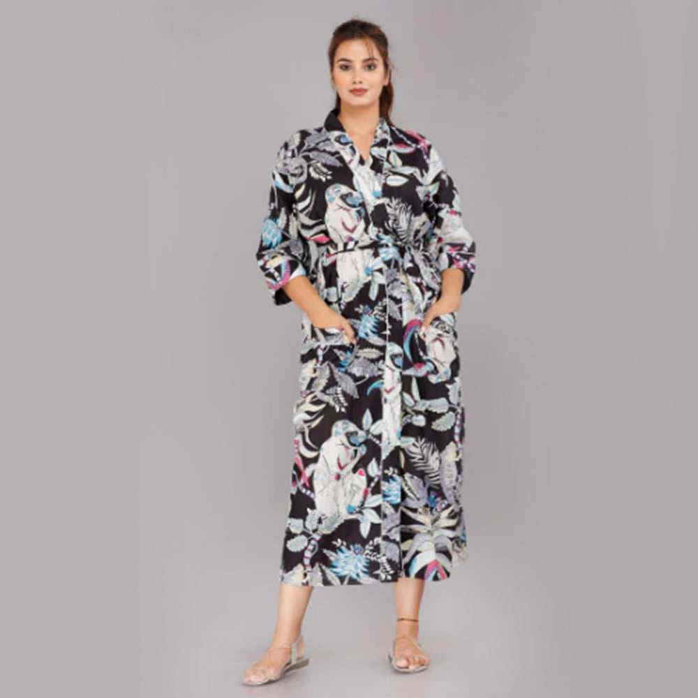 Jungle Pattern Kimono Robe Long Bathrobe For Women (Black)