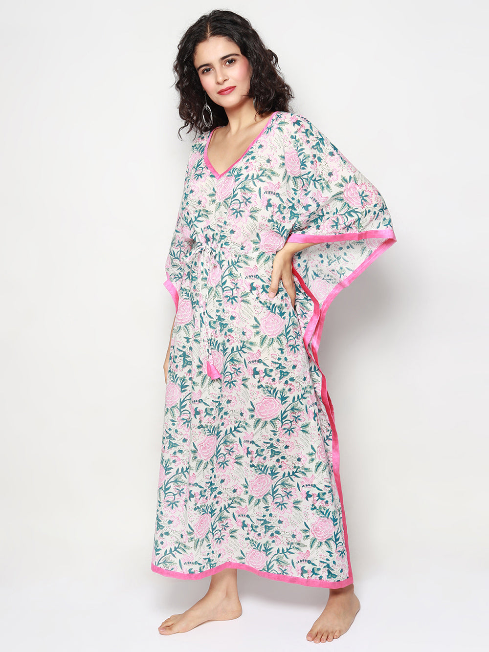 White with Pink florals Cotton Kaftan