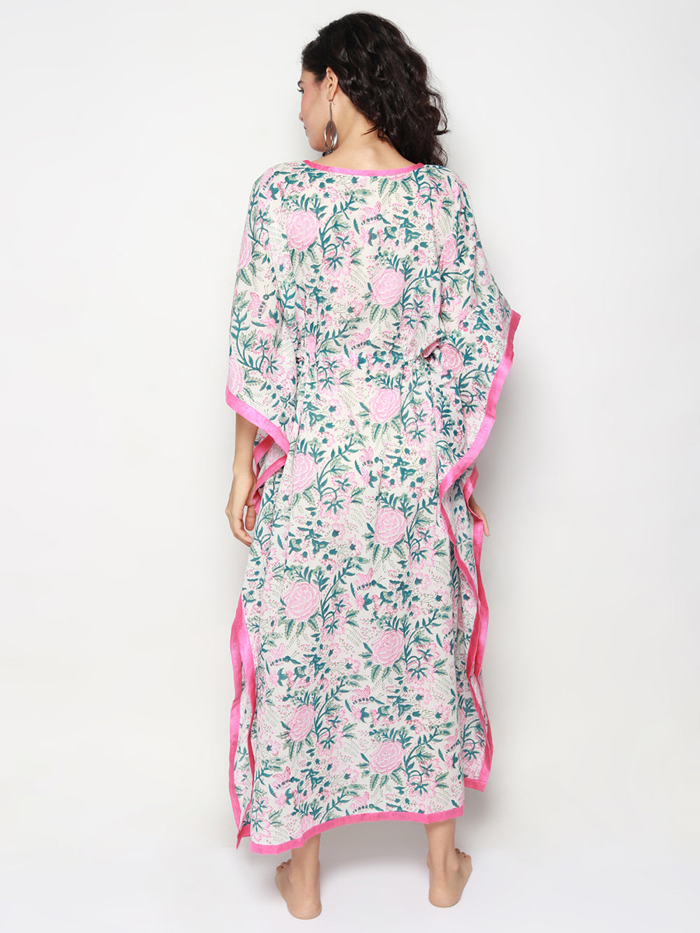 White with Pink florals Cotton Kaftan