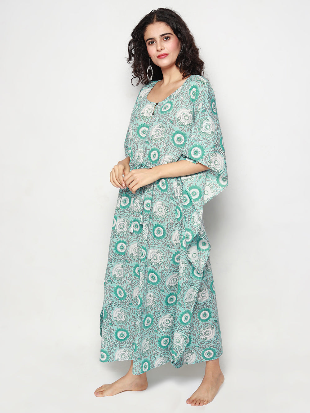 Light Green Cotton Kaftan with Seagreen Florals