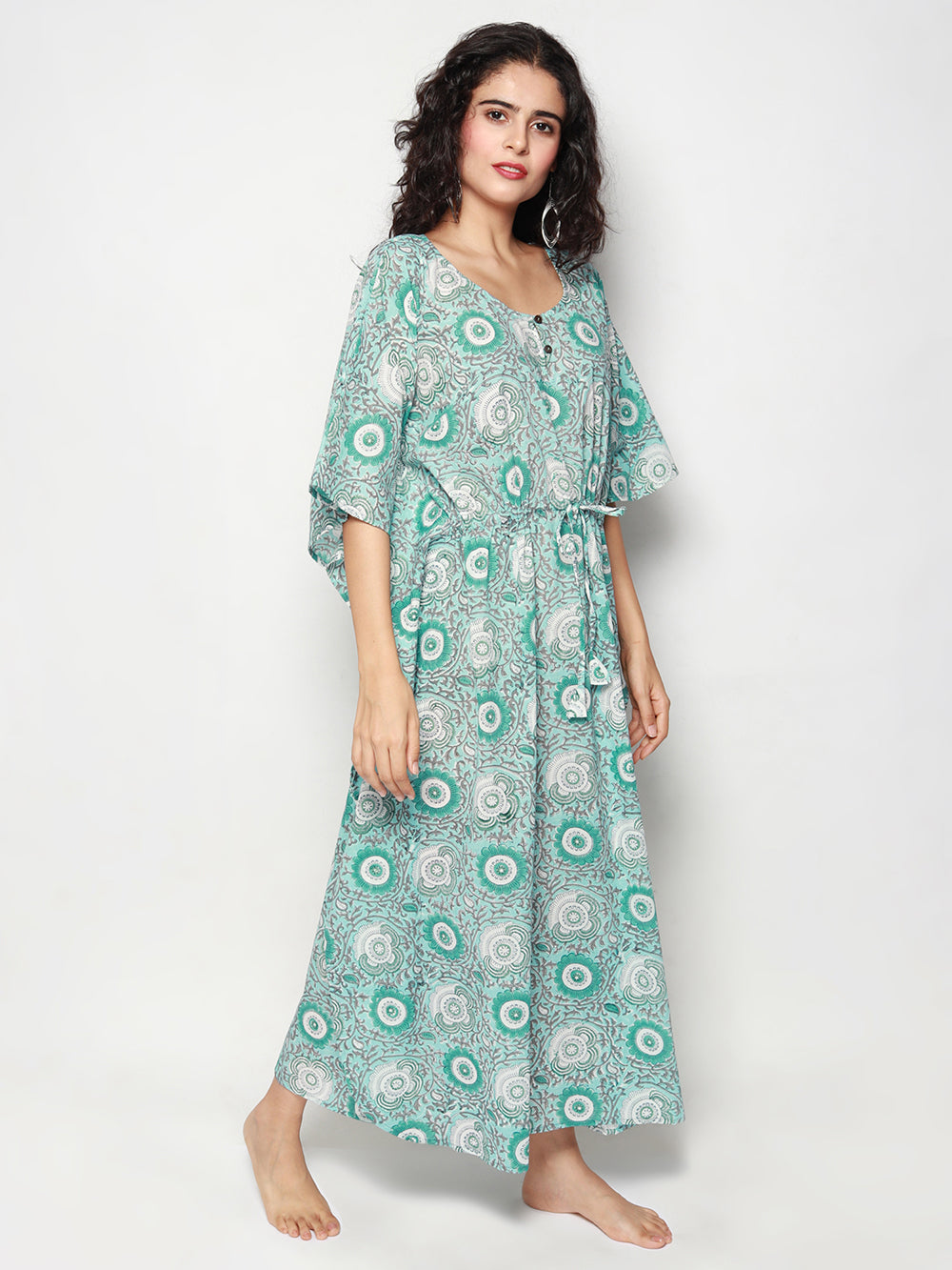 Light Green Cotton Kaftan with Seagreen Florals