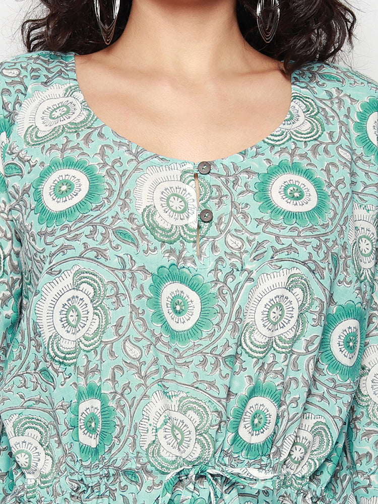 Light Green Cotton Kaftan with Seagreen Florals