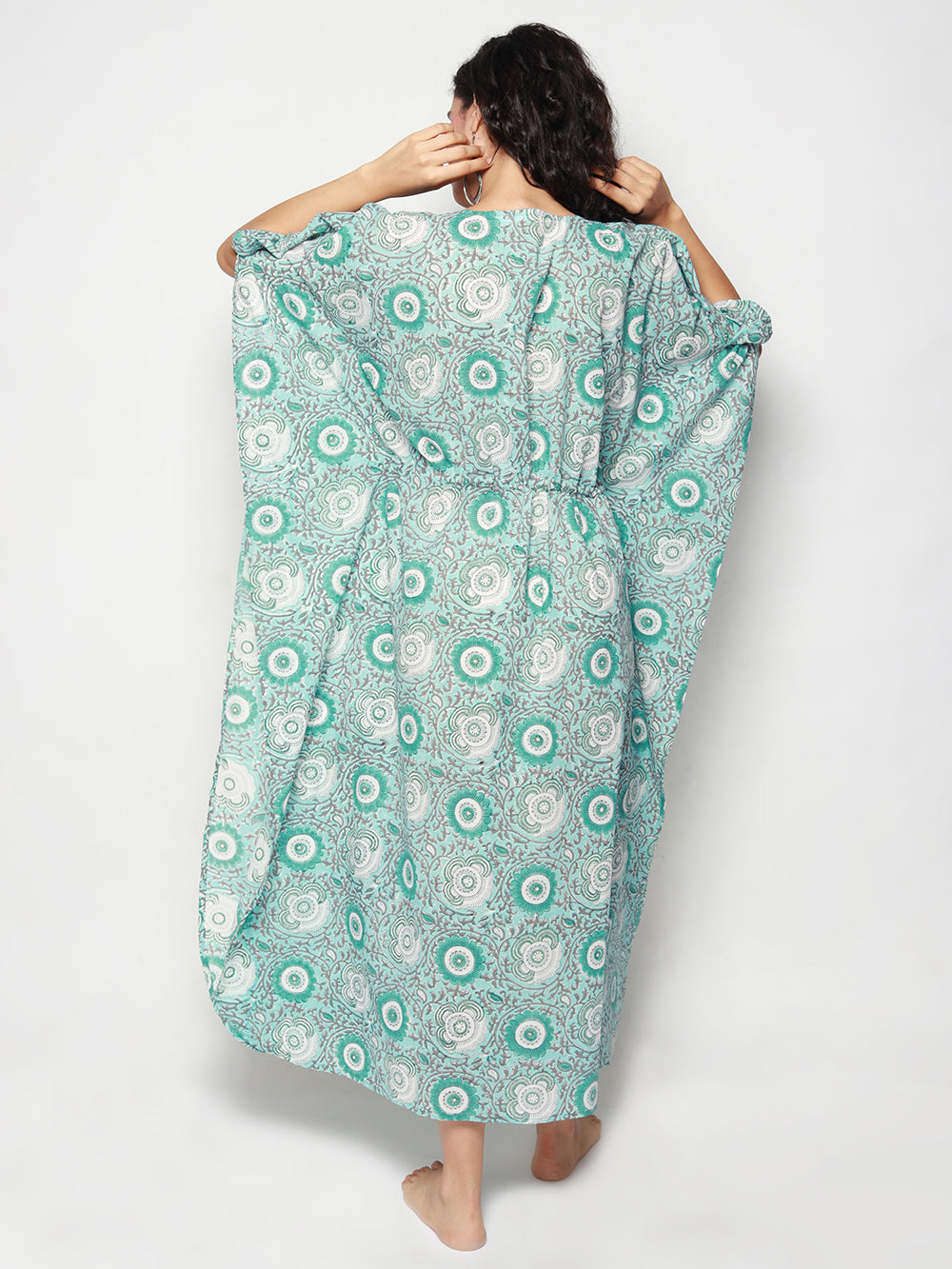 Light Green Cotton Kaftan with Seagreen Florals