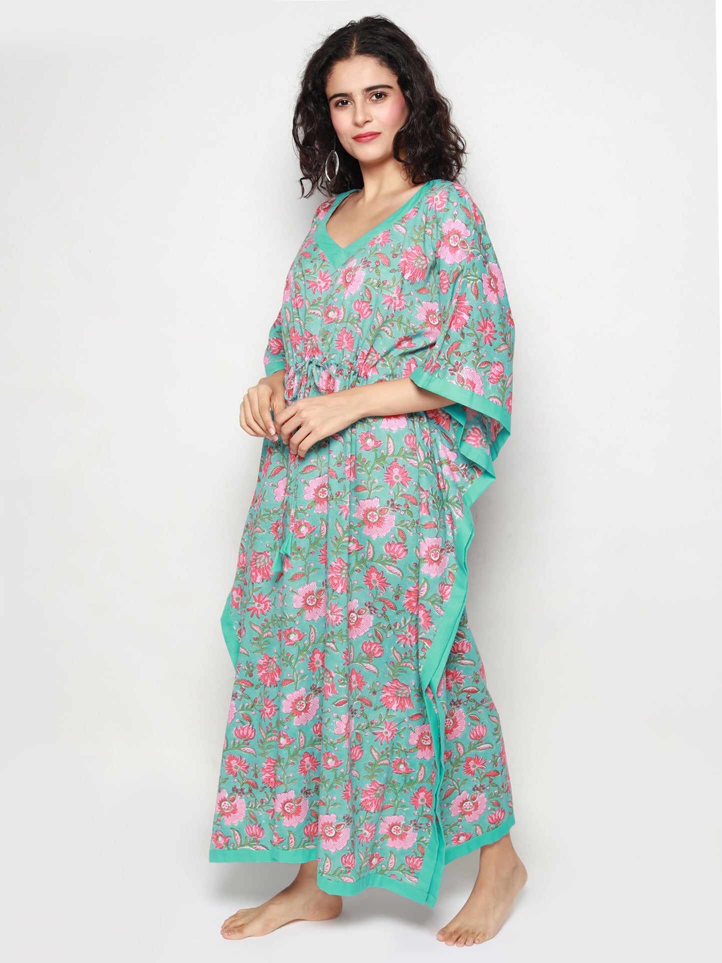 Turquoise Cotton Kaftan with Peach Floral Print