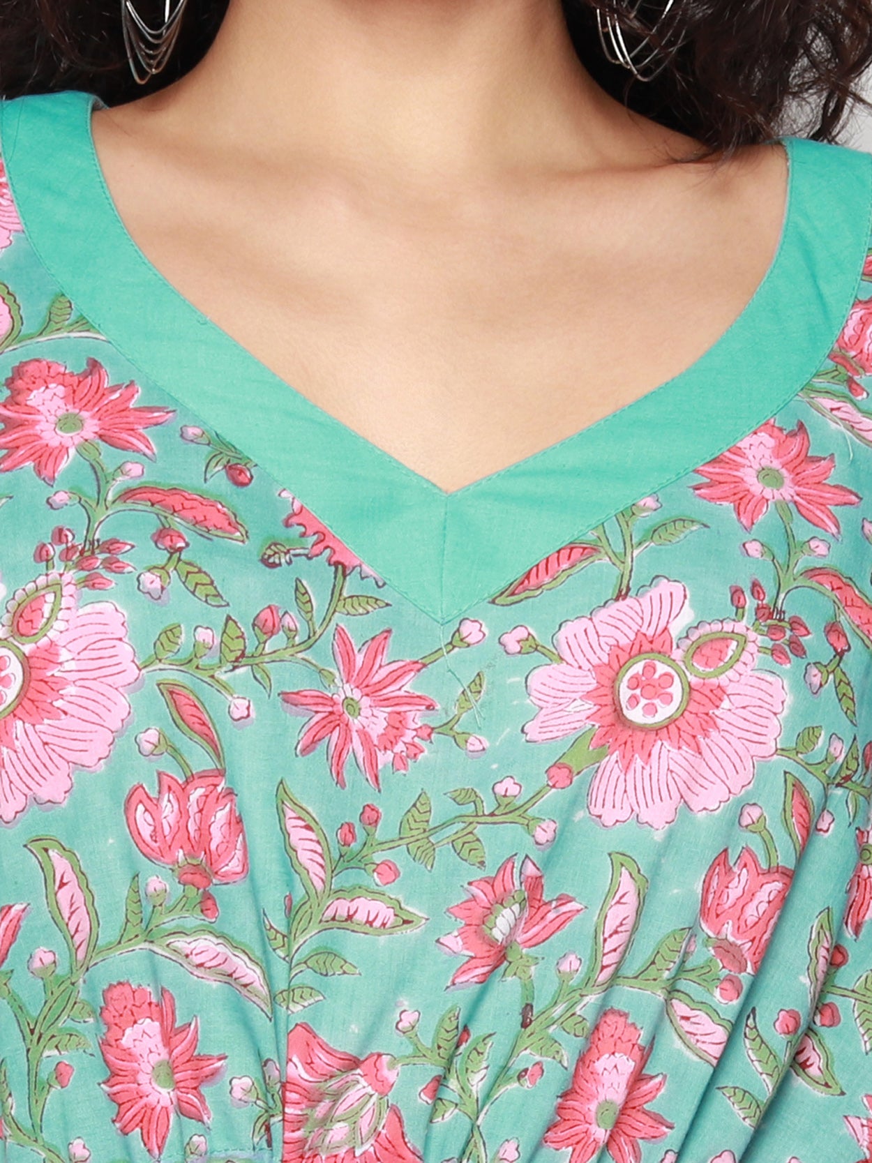 Turquoise Cotton Kaftan with Peach Floral Print