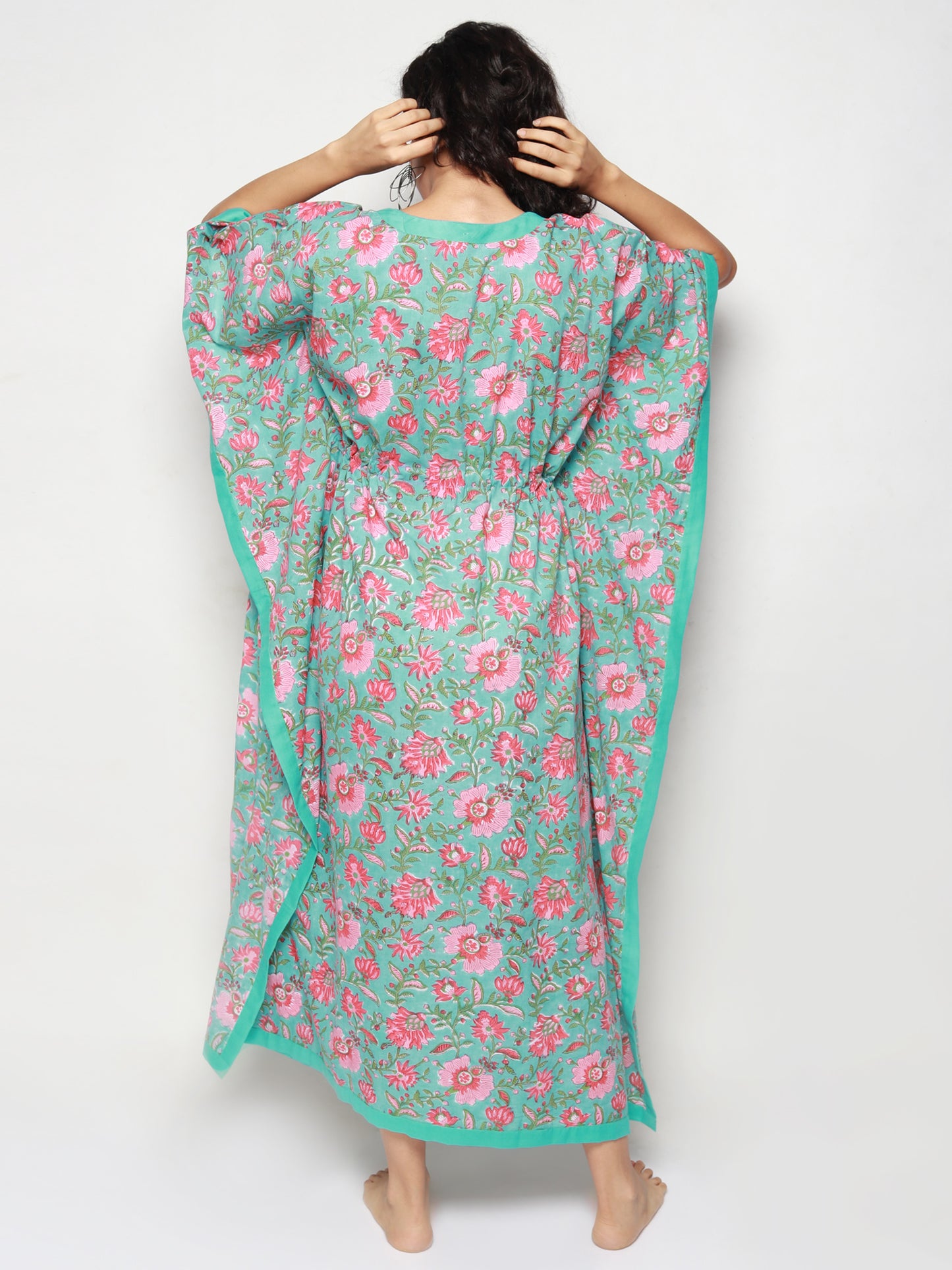 Turquoise Cotton Kaftan with Peach Floral Print