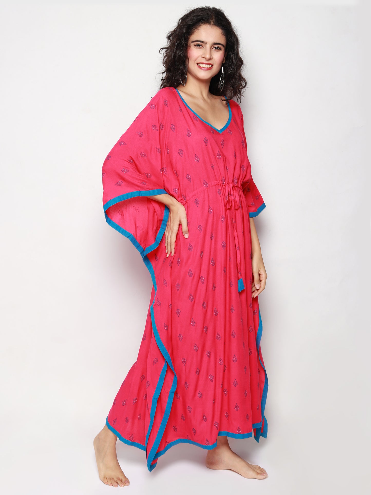 Dark Pink Rayon kaftan with geomentric floral prints