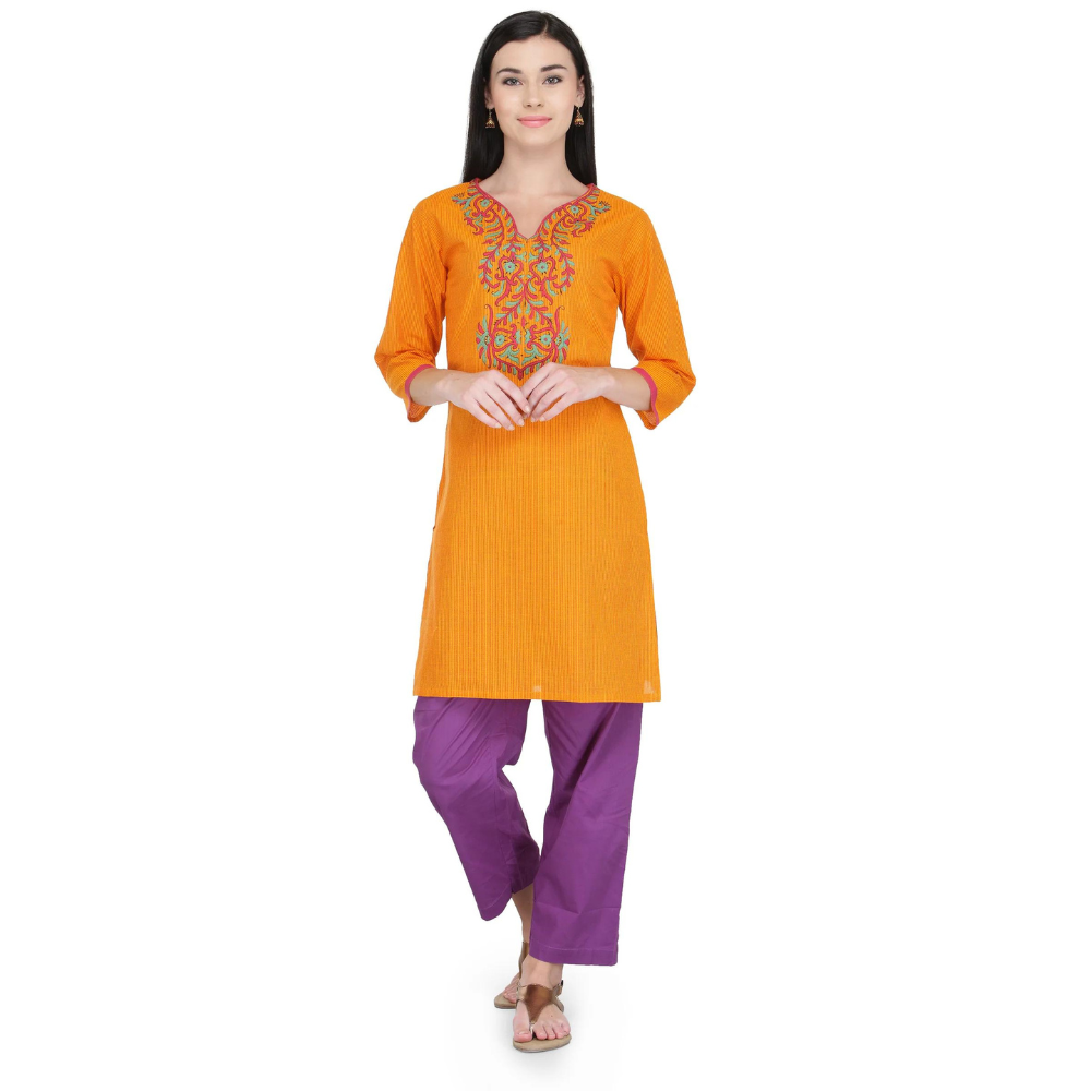 Orange Cotton Block Print Kurta