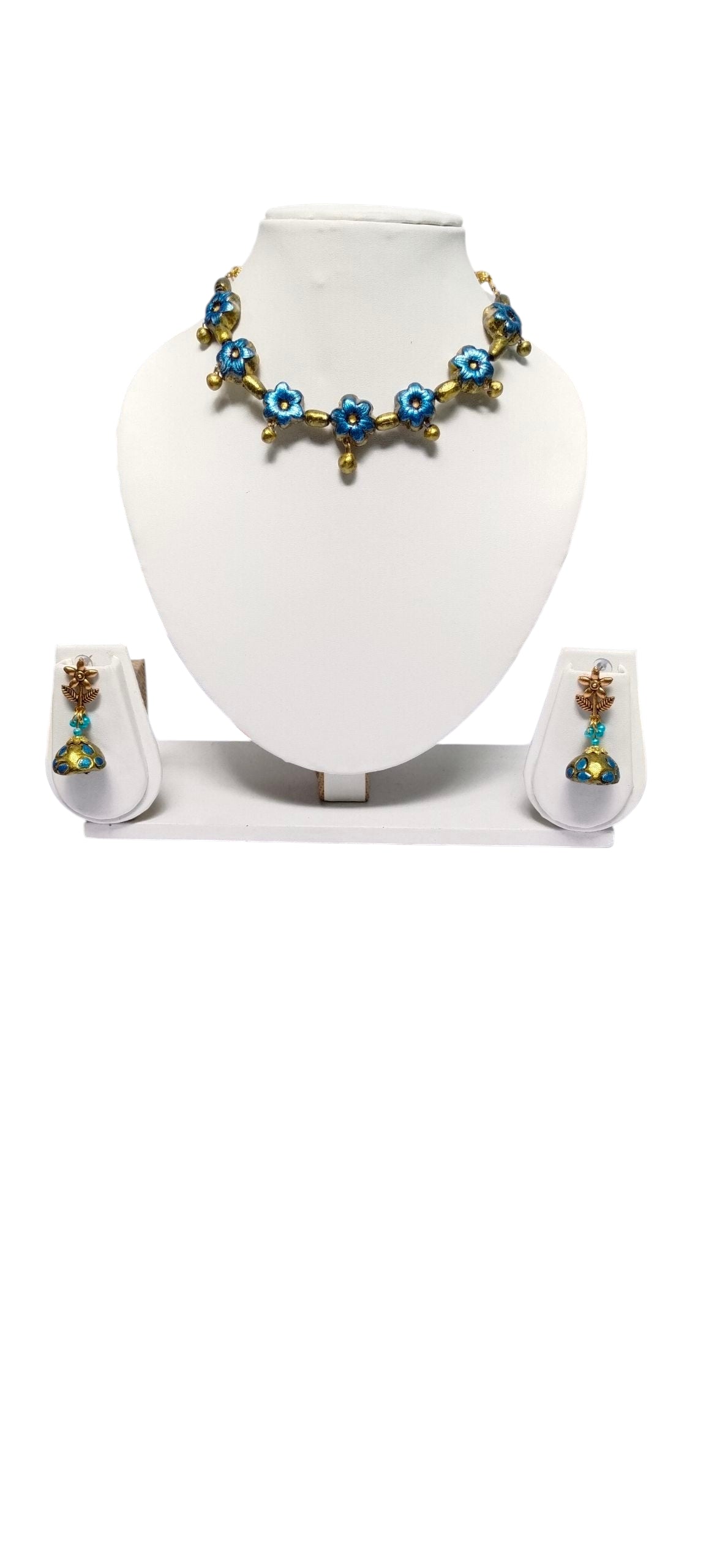 Handmade Blue Coloured Necklace And Jumkhas Set