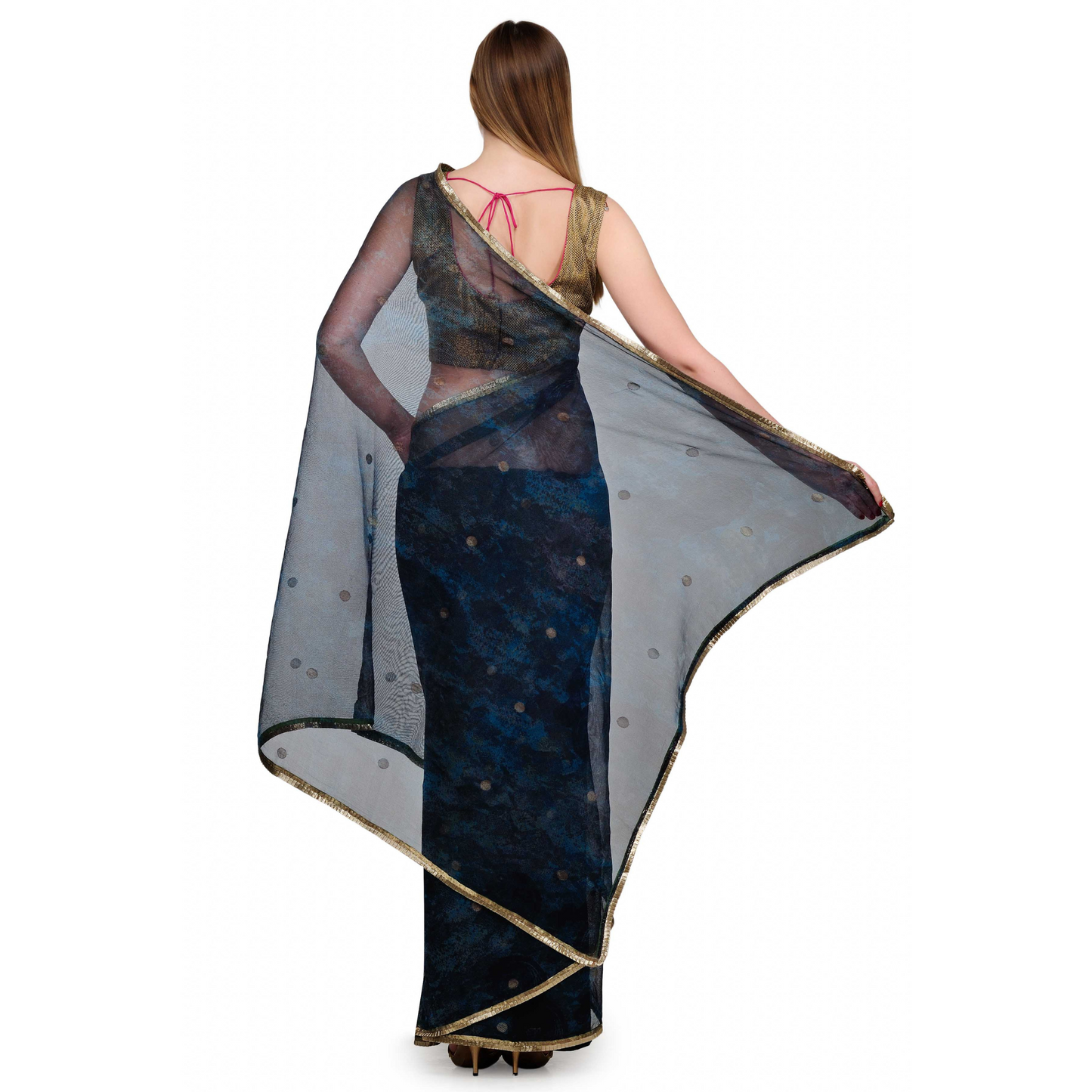 Midnight Blue Printed Net Saree with Blouse Piece