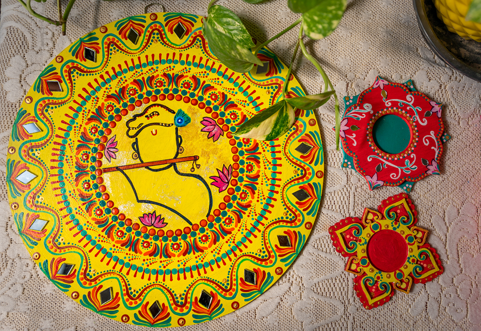 Murlidhar Yellow Mandala Home Decor 12 inches