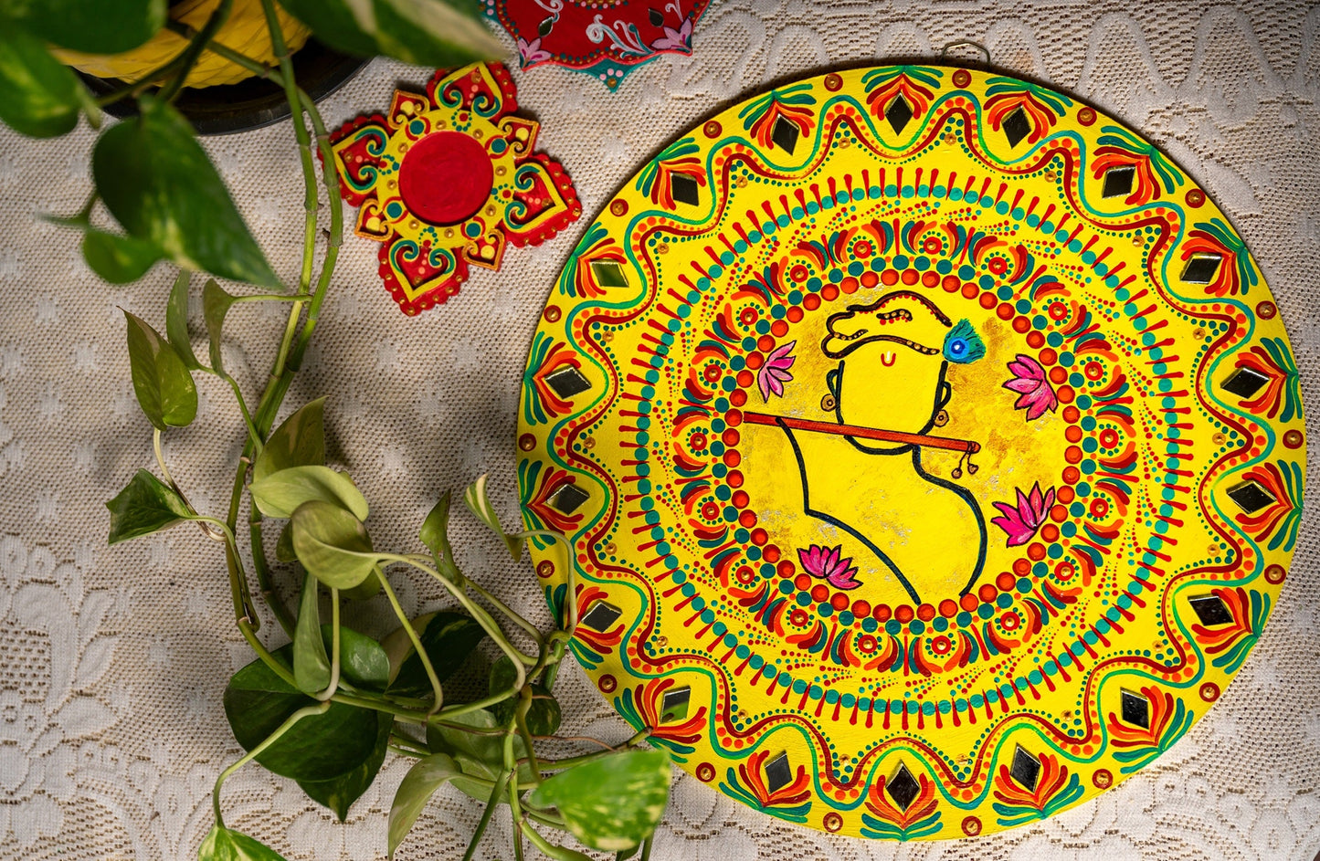 Murlidhar Yellow Mandala Home Decor 12 inches