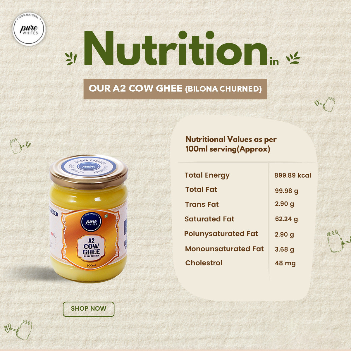 Pure Whites A2 Bilona Cow Ghee (500ml)