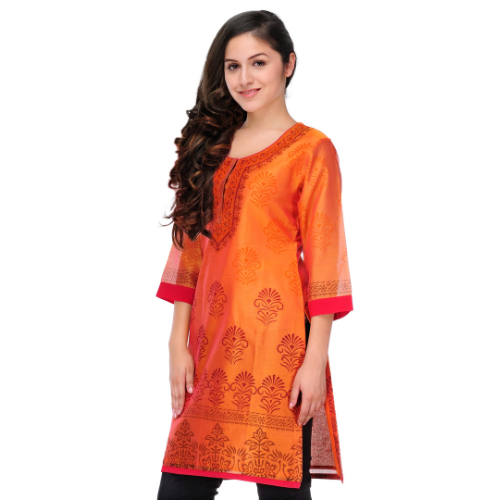 Orange Block Print Cotton Silk Kurta