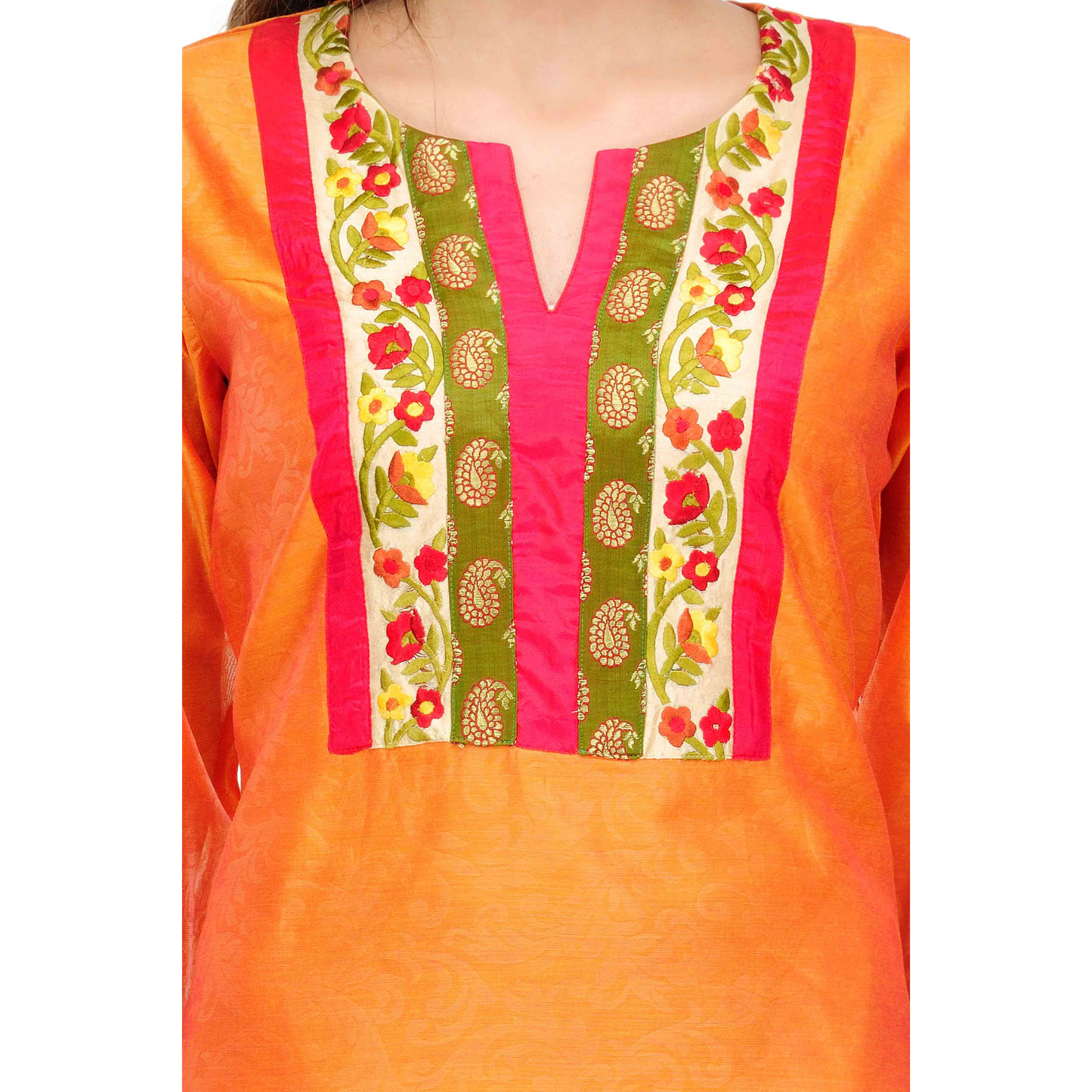 Orange Cotton Silk Embroidery Kurta