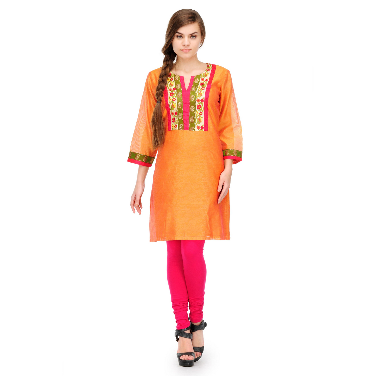 Orange Cotton Silk Embroidery Kurta