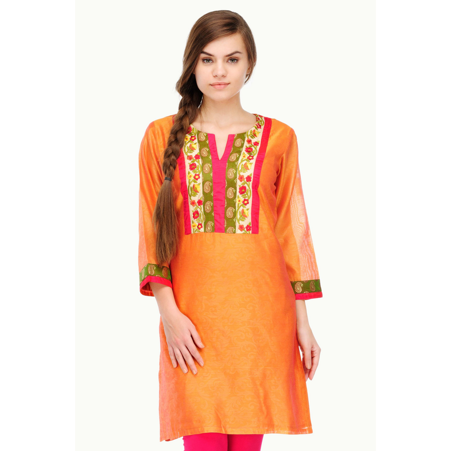 Orange Cotton Silk Embroidery Kurta