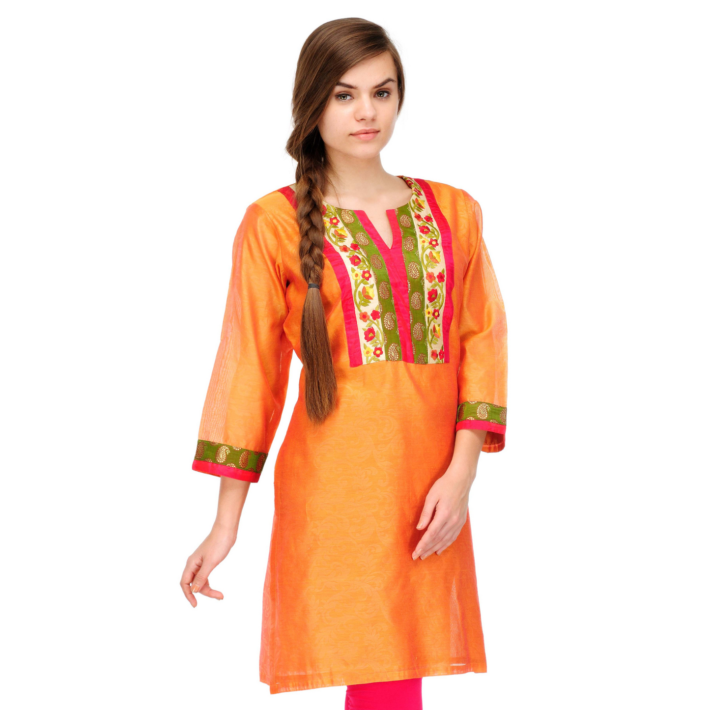 Orange Cotton Silk Embroidery Kurta