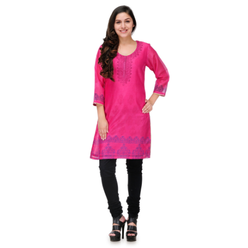 Pink Block Print Cotton Silk Kurta