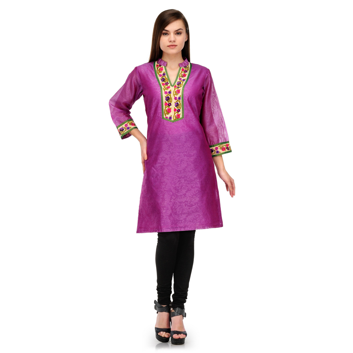 Purple Cotton Silk Embroidery Kurta