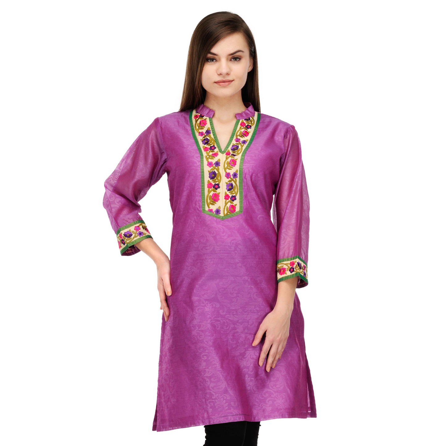 Purple Cotton Silk Embroidery Kurta