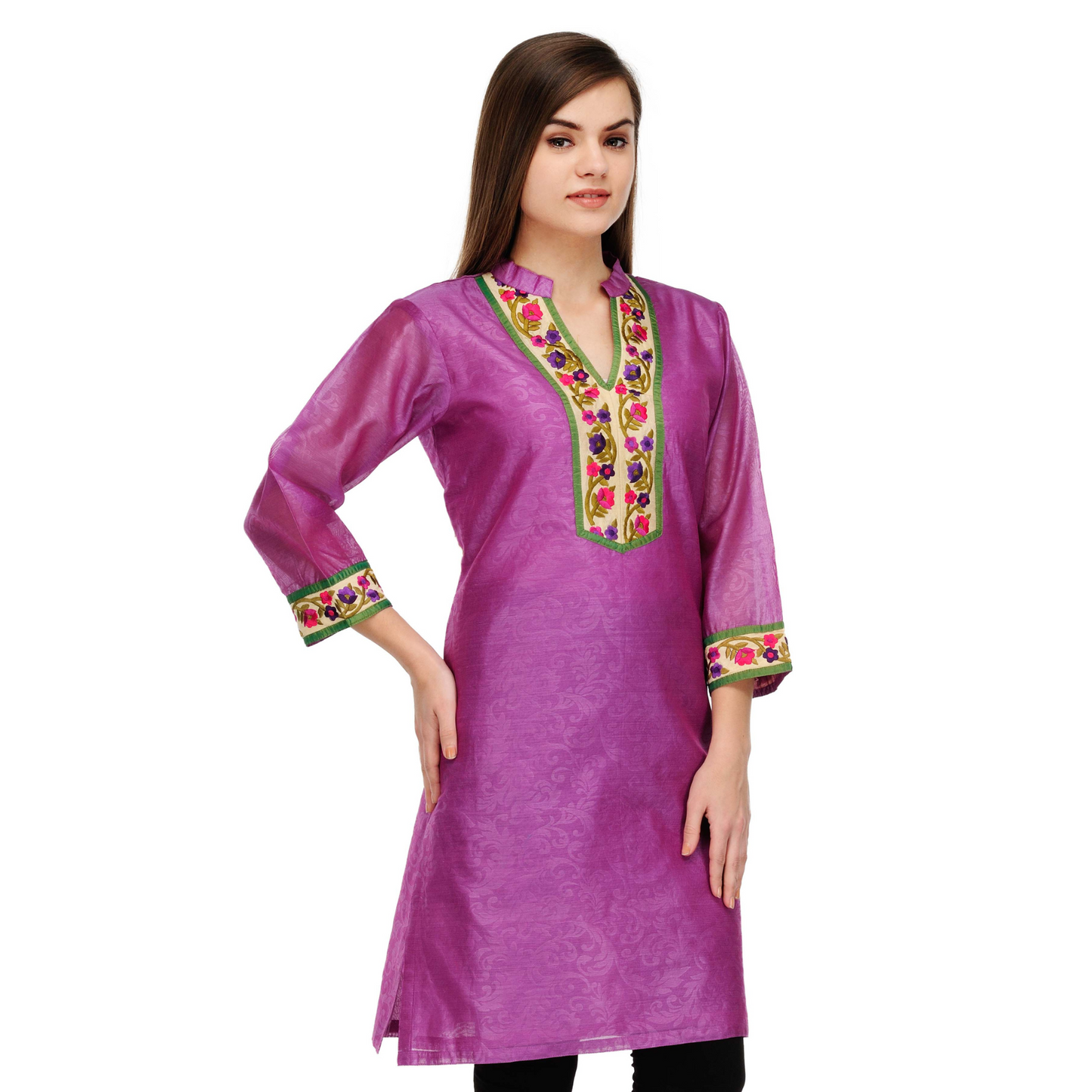 Purple Cotton Silk Embroidery Kurta