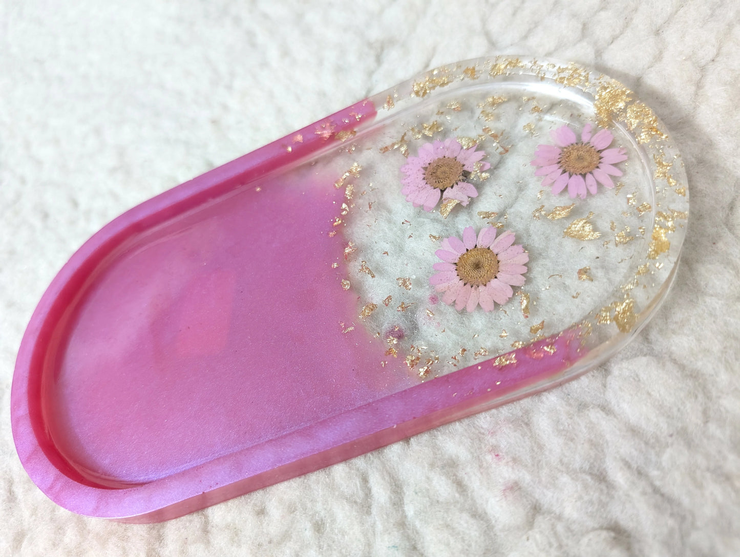 Resin Oval Trinket Tray with Flower | Resin Tray | Resin Tray with Pressed Flower & Golden Flakes