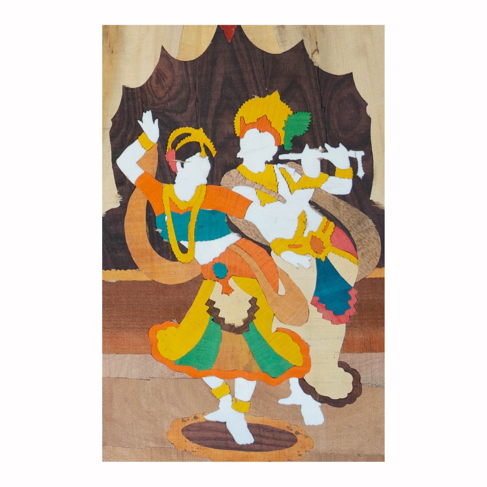 Radha Krishna Wood Carved Painting - Kreate- Wall Decor