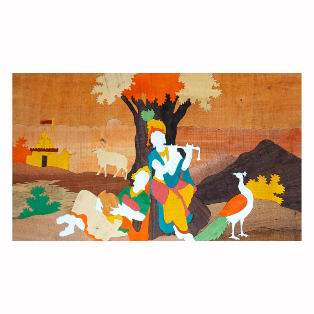 Radha Krishna Wood Carved Painting - Kreate- Wall Decor
