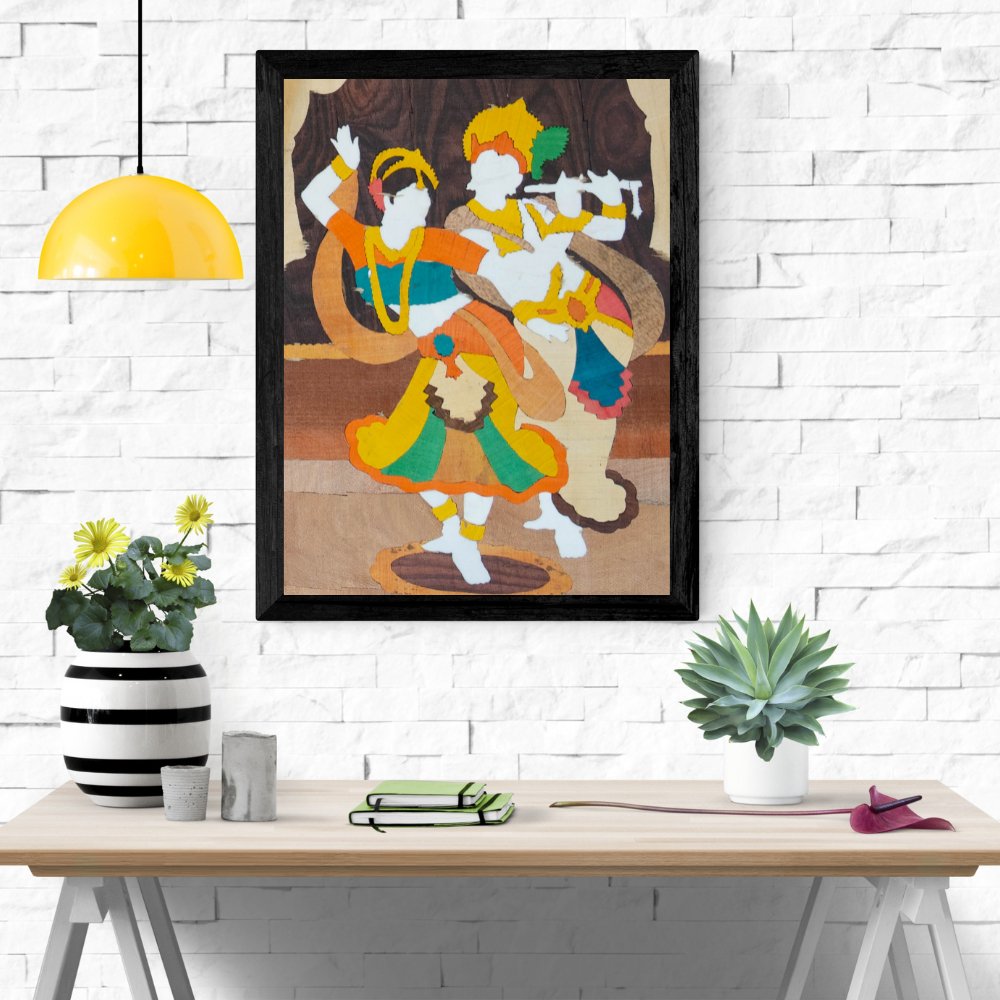 Radha Krishna Wood Carved Painting - Kreate- Wall Decor