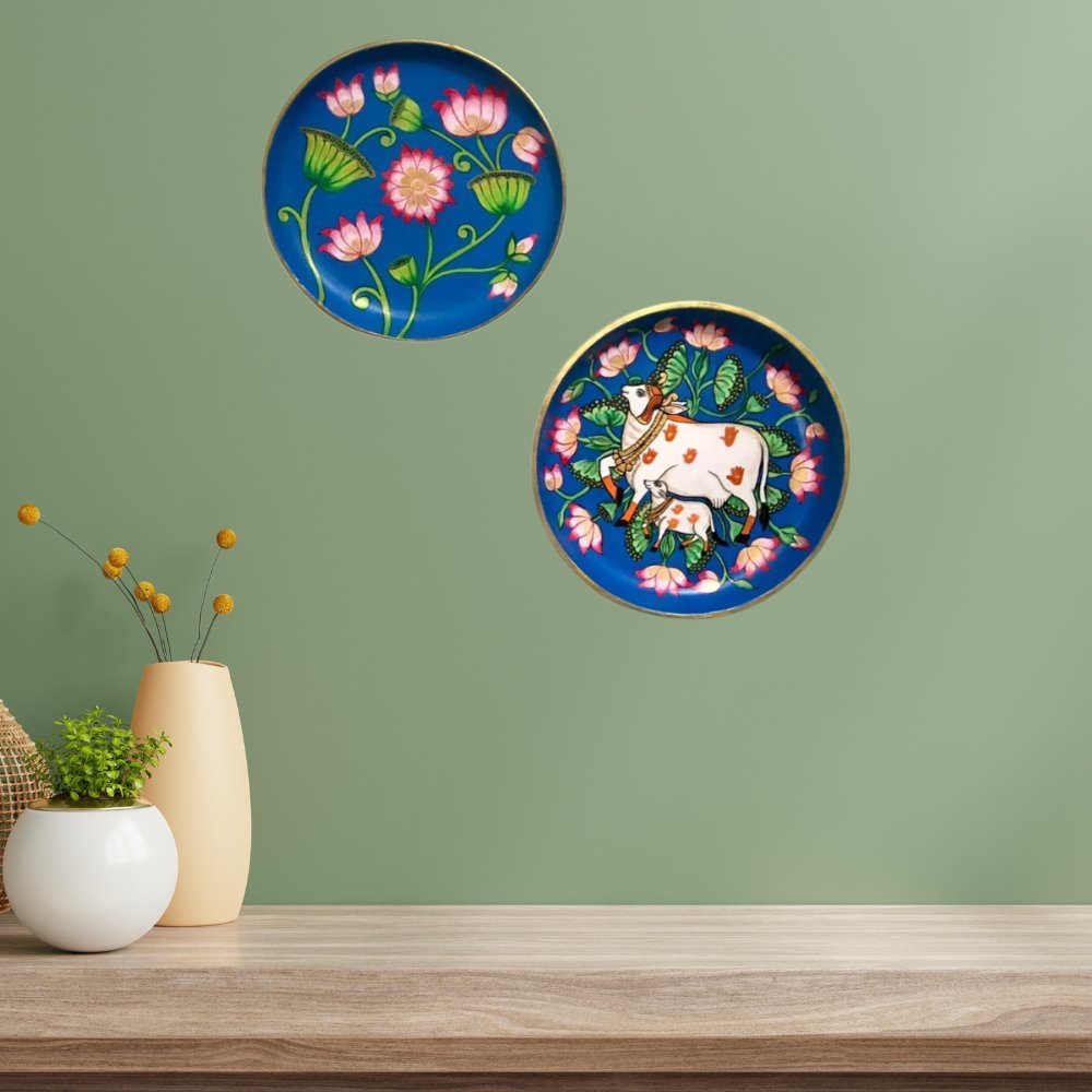 Rang Sang Pichwai Lotus and Cow Motif Combo Plate Set - Kreate- Wall Decor