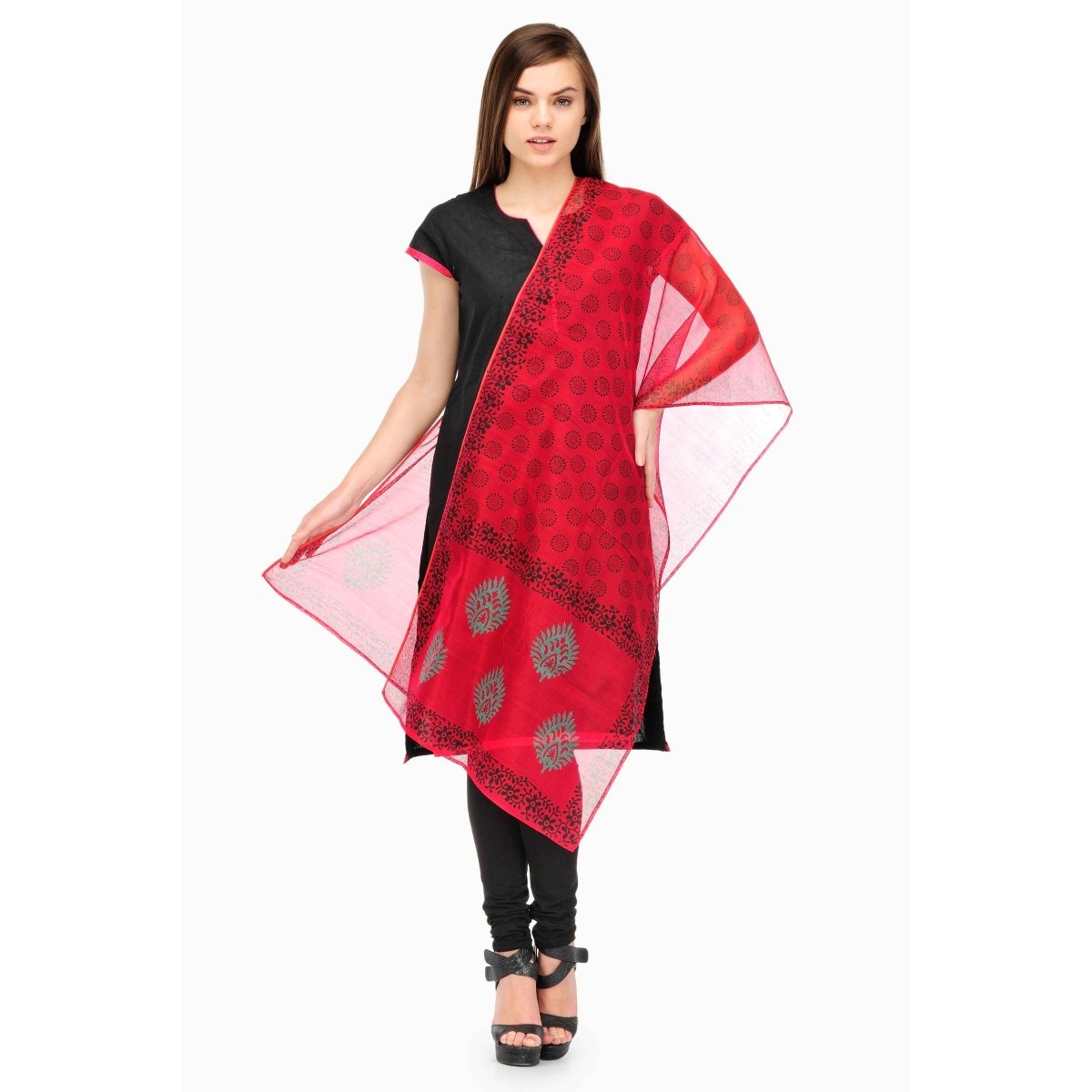 Red Block Print Cotton Silk Stole - Kreate- Dupatta & Shawls