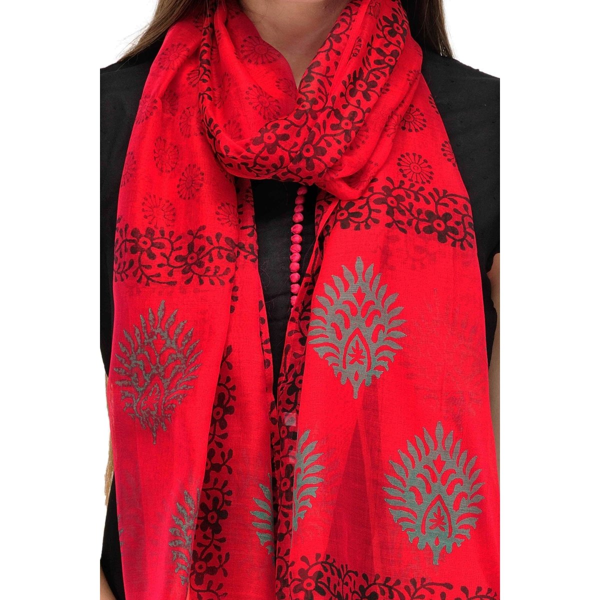Red Block Print Cotton Silk Stole - Kreate- Dupatta & Shawls